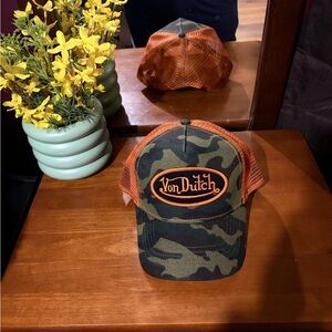 Von Dutch Olive Camo Trucker Hat with Orange Mesh
